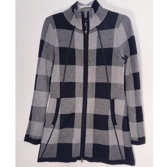 Adrienne Vittadini Cardigan Women's Size S Black Gray Check Full Zip Pockets - Picture 6 of 12